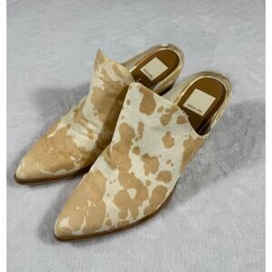 Dolce Vita Womens 9 Lindsy Calf Hair Block Heel Mules Tan Cow Print Pointed Toe